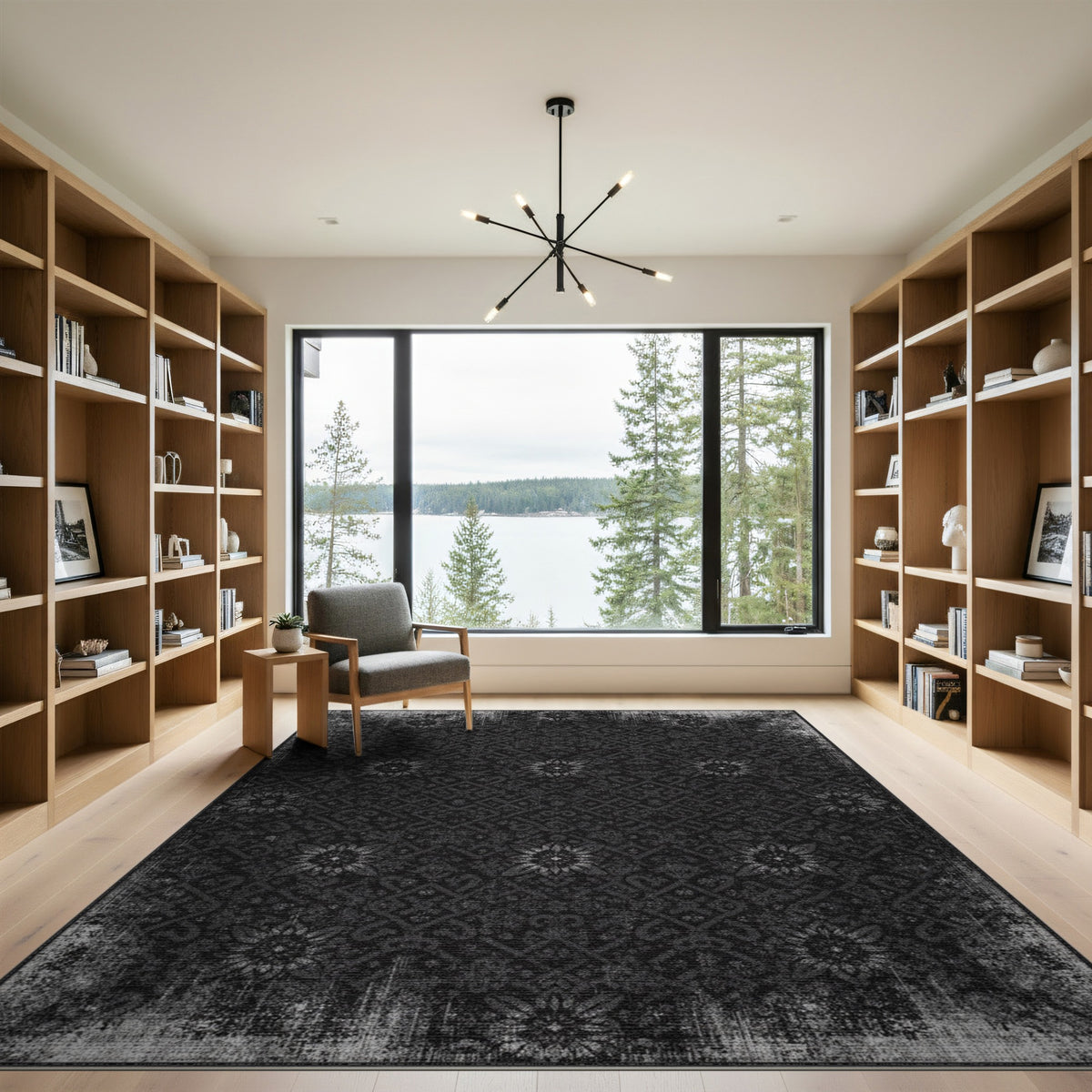 Black White Distressed Vintage Floral Area Rug