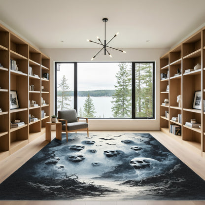 Eerie Skulls and Bats Black White Area Rug