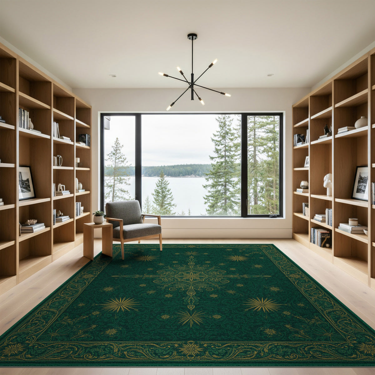 Green Persian Rug with Gold Starburst Motifs