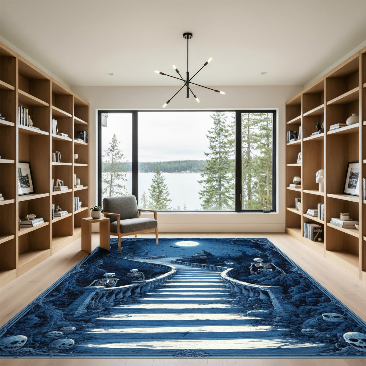 Haunted Moonlit Skeleton Staircase Washable Area Rug