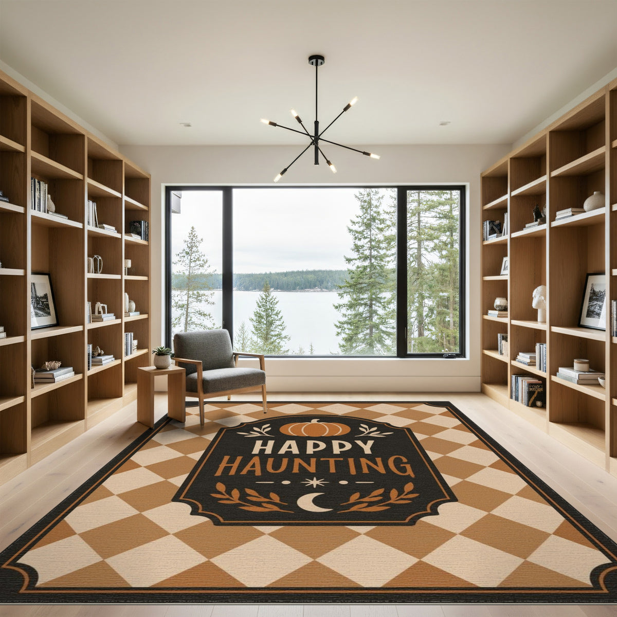 Happy Haunting Pumpkin Checkered Area Rug