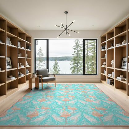 Pink Flamingo Teal Palm Washable Area Rug