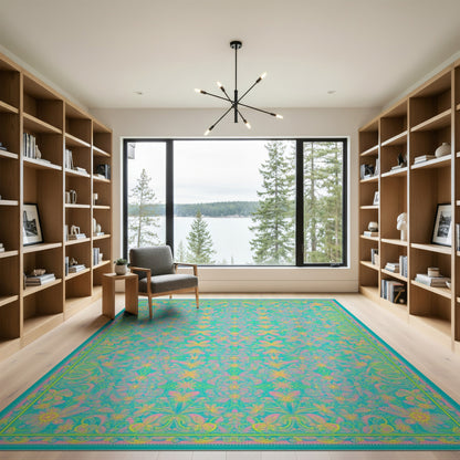 Vibrant Teal Floral Vintage Area Rug