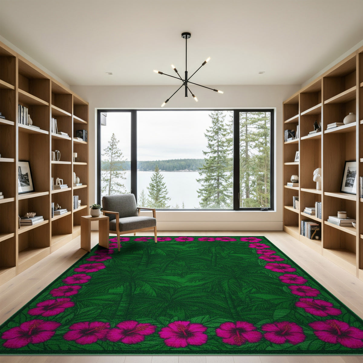 Green Palm Tree Pink Hibiscus Border Area Rug