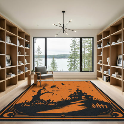 Orange Haunted House Halloween Orange Area Rug