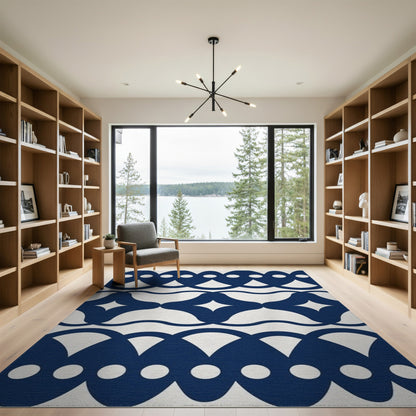 Navy Blue Geometric Scalloped Area Rug
