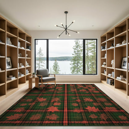 Green Plaid Maple Leaf Washable Area Rug