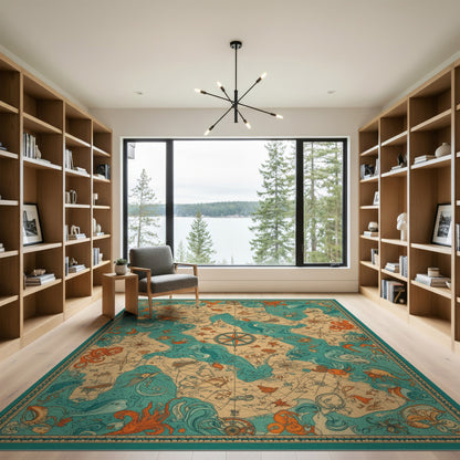 Vintage Nautical Map Octopus Area Rug