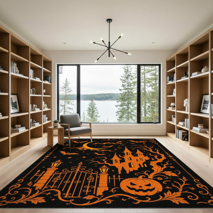 Haunted Castle Halloween Orange Washable Area Rug