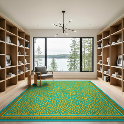 Blue and Teal Geometric Interlock Area Rug