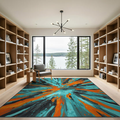 Teal Orange Abstract Burst Area Rug