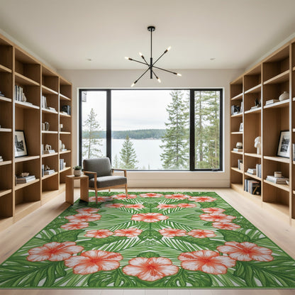 Multi-color and Patterns Red Hibiscus Floral Area Rug