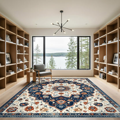 Blue and Teal Blue Floral Persian Medallion Area Rug