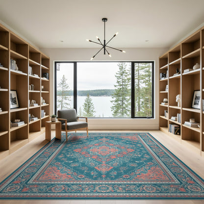 Teal Coral Traditional Persian Area Rug