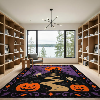 Spooky Halloween Haunted House Purple Area Rug