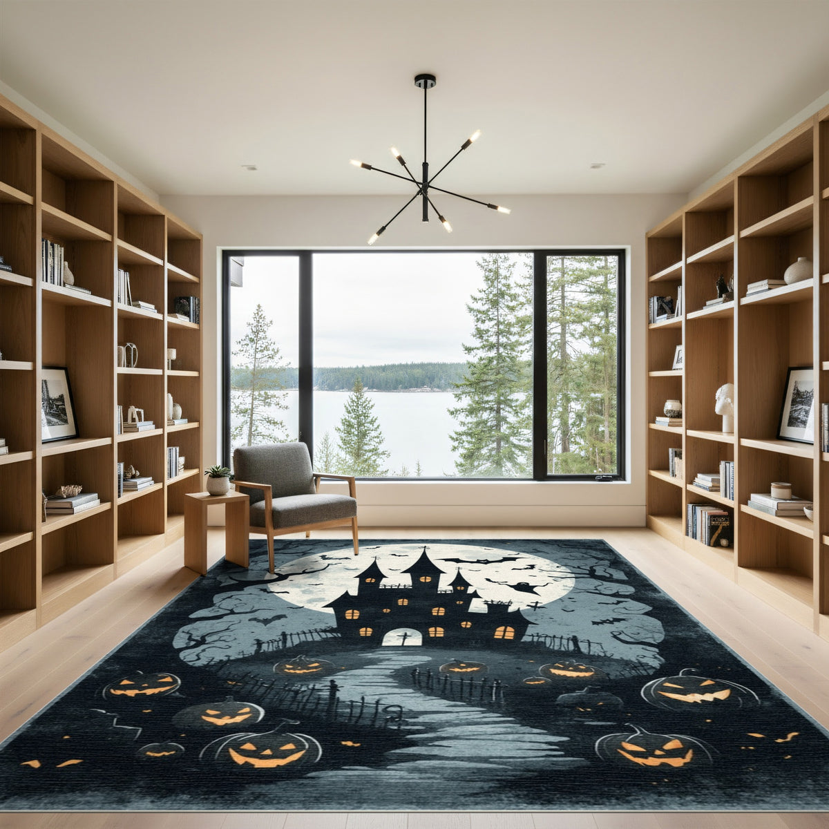 Black and White Haunted Castle Halloween Area Rug