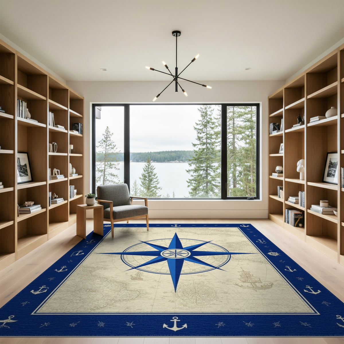 Blue Nautical Compass Vintage Area Rug