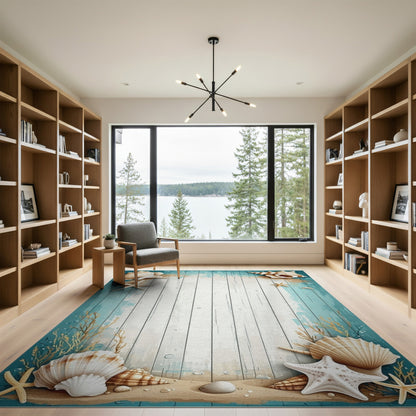 Coastal Beach Seashell Starfish Blue Teal Area Rug