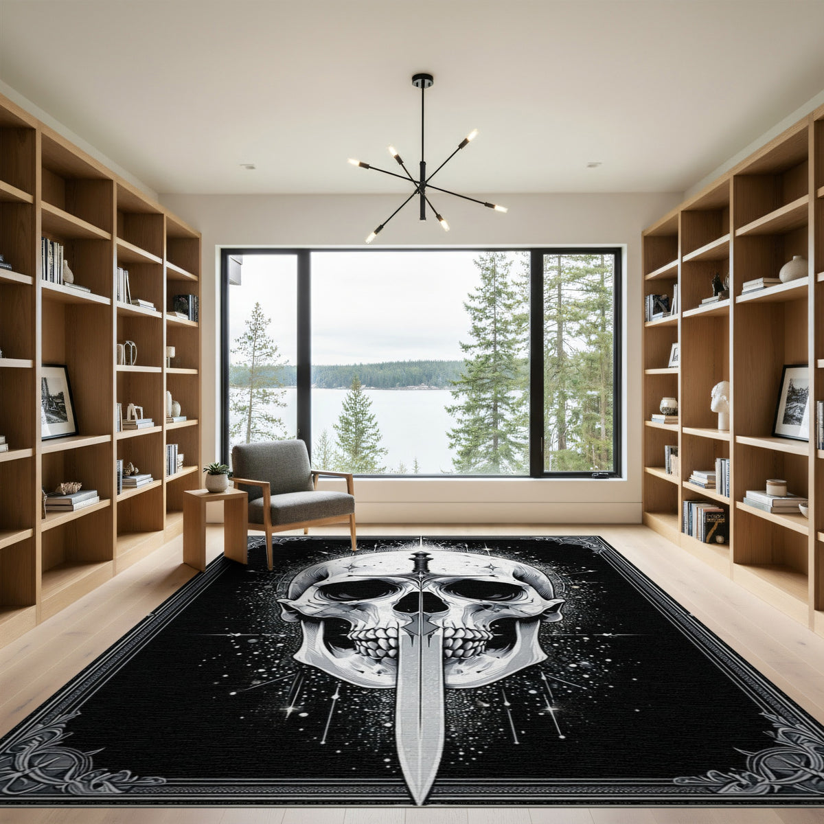 Gothic Skull Sword Black White Area Rug