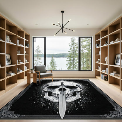 Gothic Skull Sword Black White Area Rug