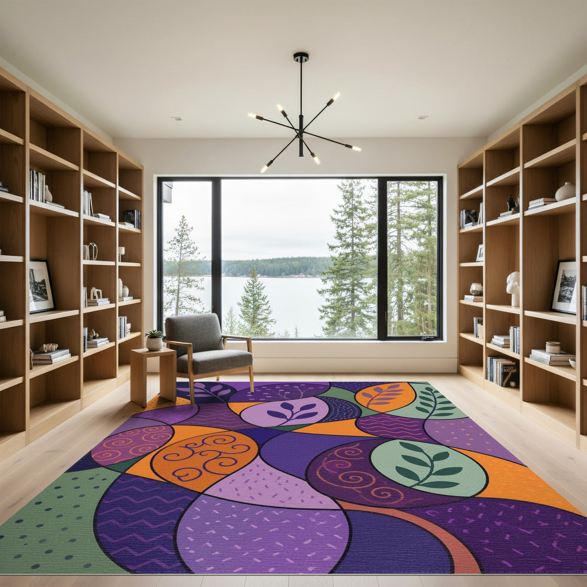 Vibrant Purple Abstract Leaf Area Rug