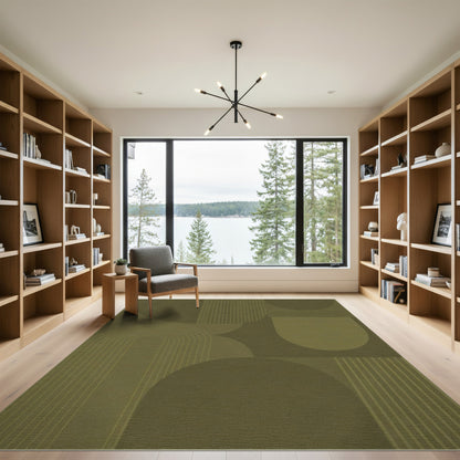 Olive Green Geometric Arcs Area Rug
