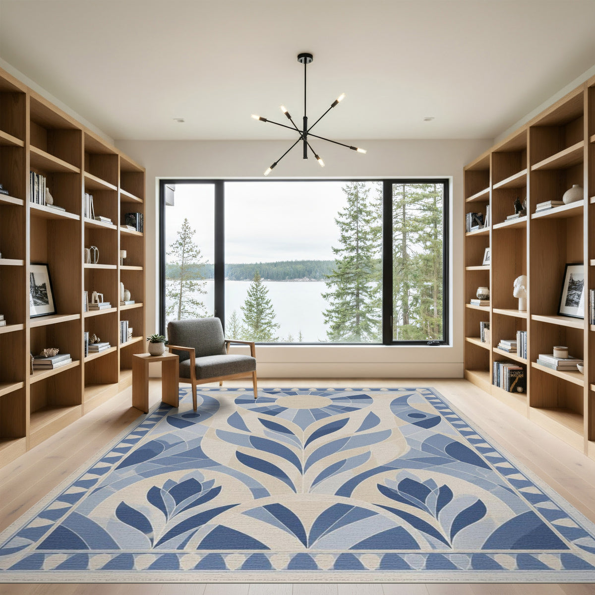 Blue and Teal Blue Geometric Sunburst Area Rug