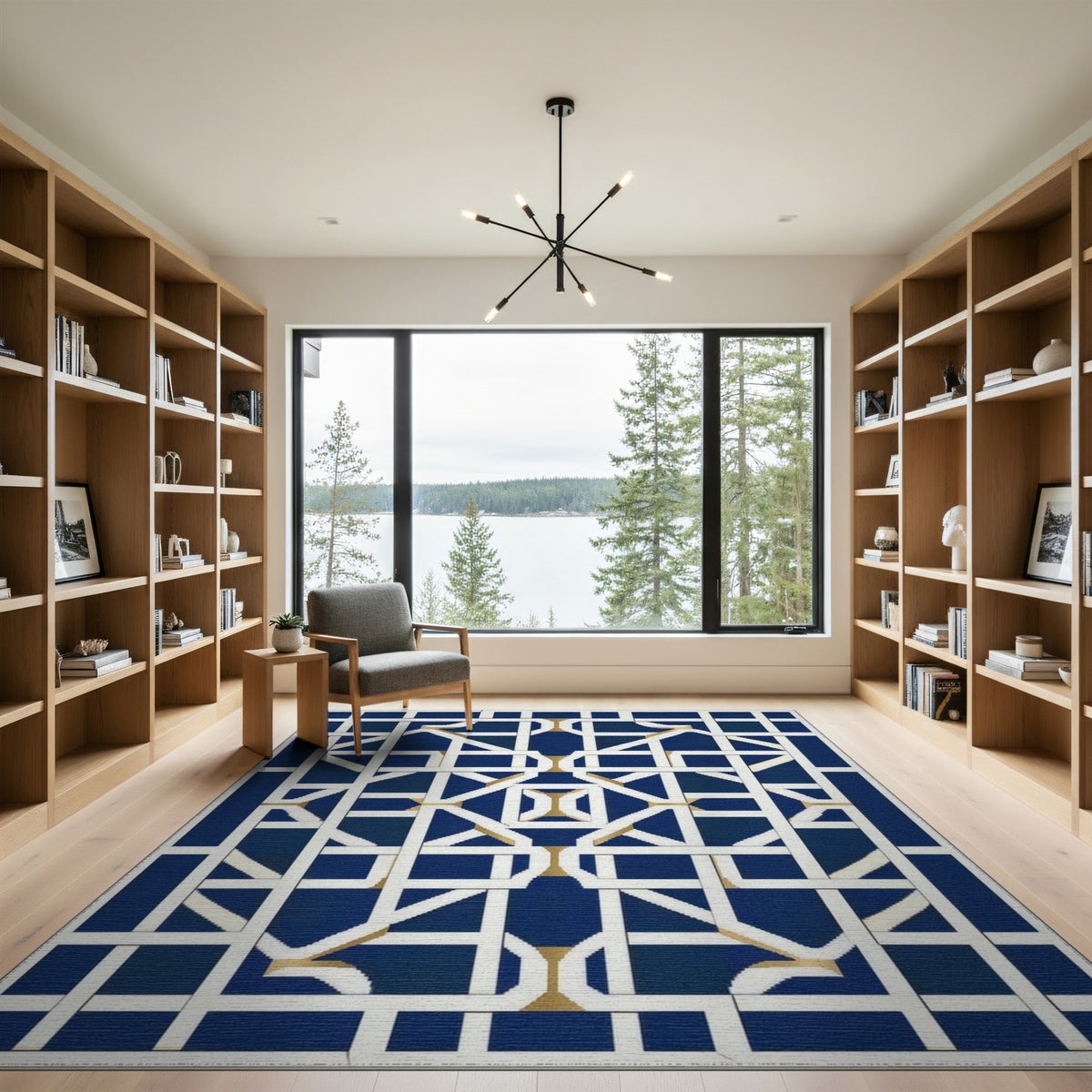 Navy Blue Geometric Lattice Blue and Teal Area Rug