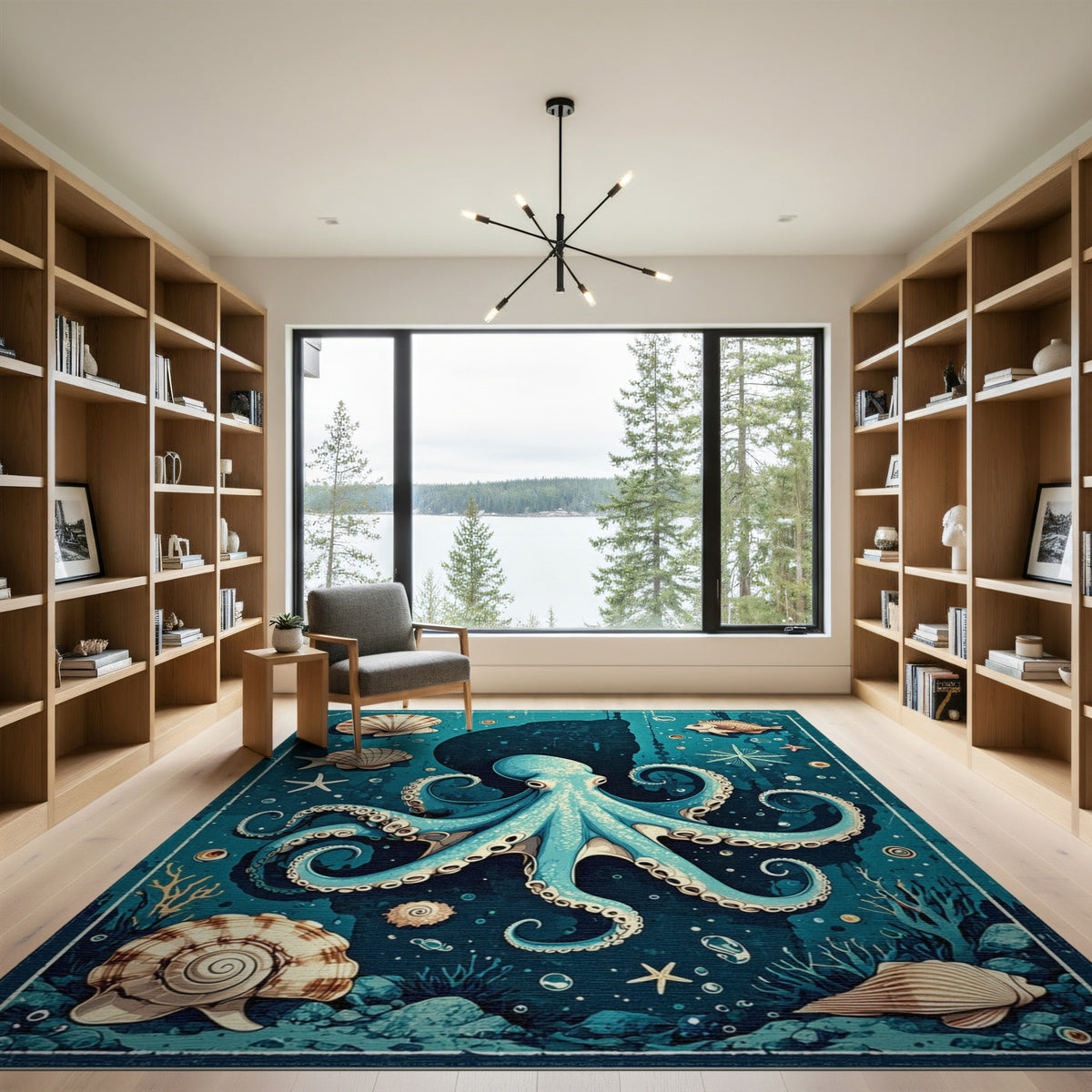 Coastal Beach Blue Octopus Coastal Area Rug