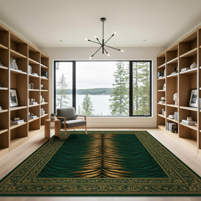Traditional Persian Green Tiger Stripe Area Rug with Gold Border
