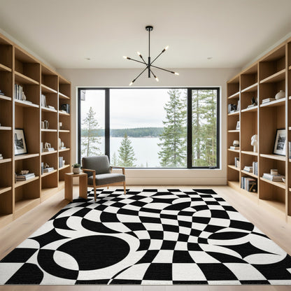 Black White Wavy Geometric Optical Area Rug