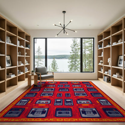 Retro Cassette Grid Red Washable Area Rug