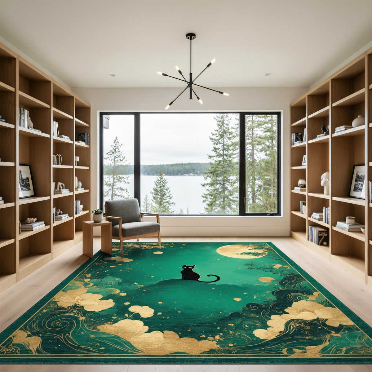 Black Cat Moon Teal Area Rug