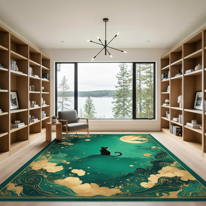 Black Cat Moon Teal Area Rug