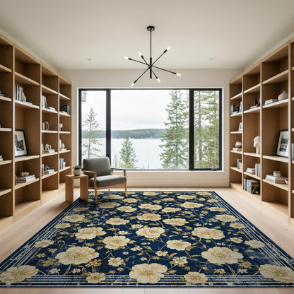 Vintage Floral Navy Blue Area Rug