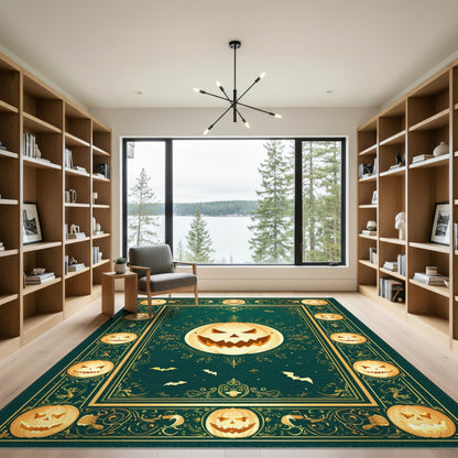 Green Halloween Pumpkin Area Rug with Gold Border