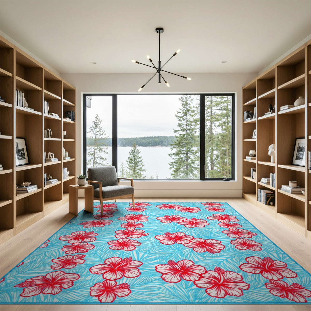 Red Hibiscus Blue Floral Area Rug