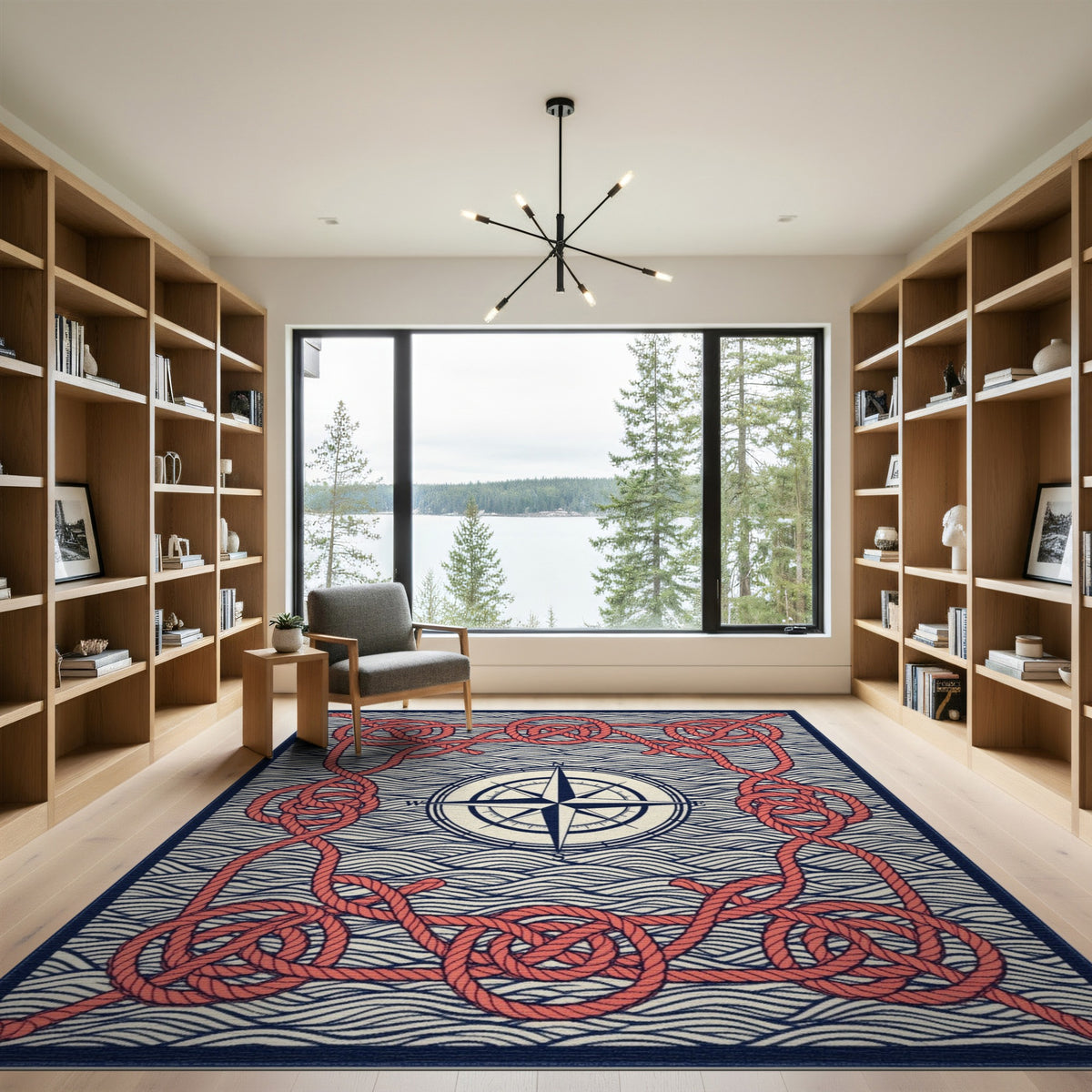 Red Rope Compass Nautical Area Rug