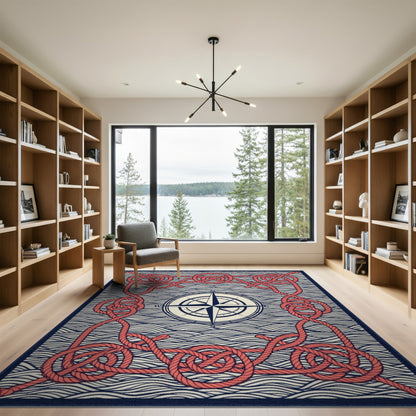 Red Rope Compass Nautical Area Rug