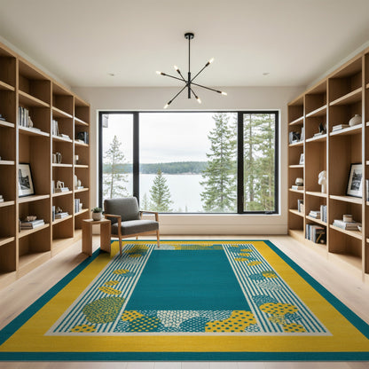 Blue and Teal Geometric Area Rug with Yellow Border