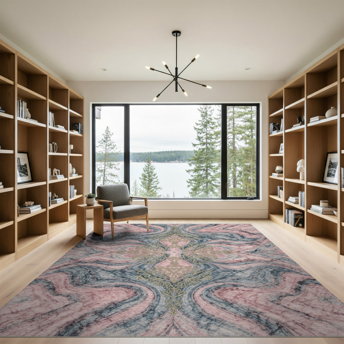 Pink Marble Gold Filigree Area Rug