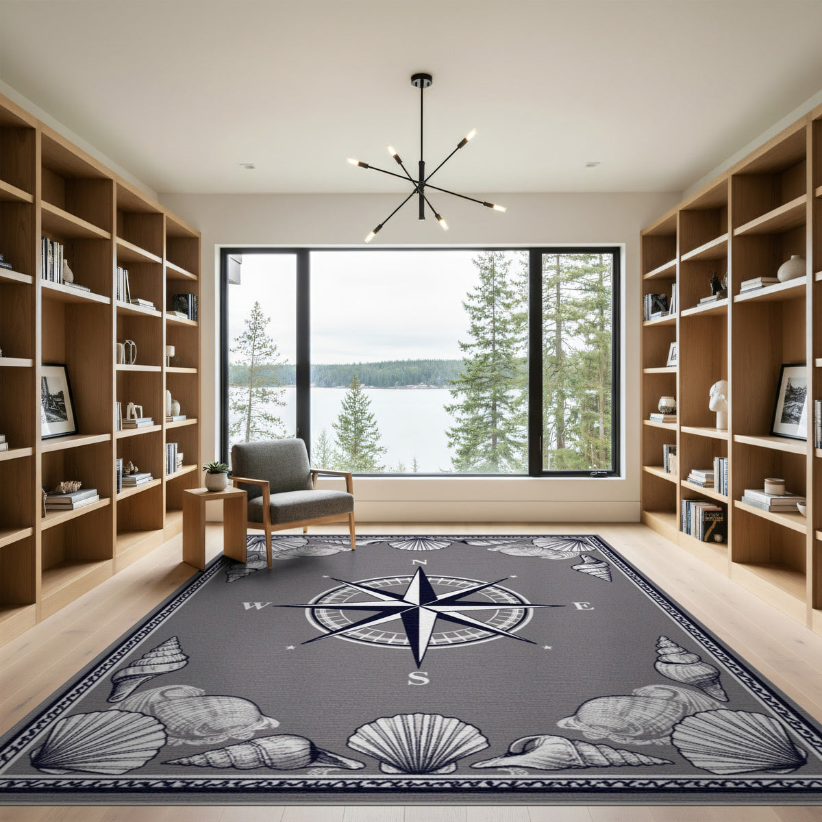 Grey Nautical Compass Shell Area Rug