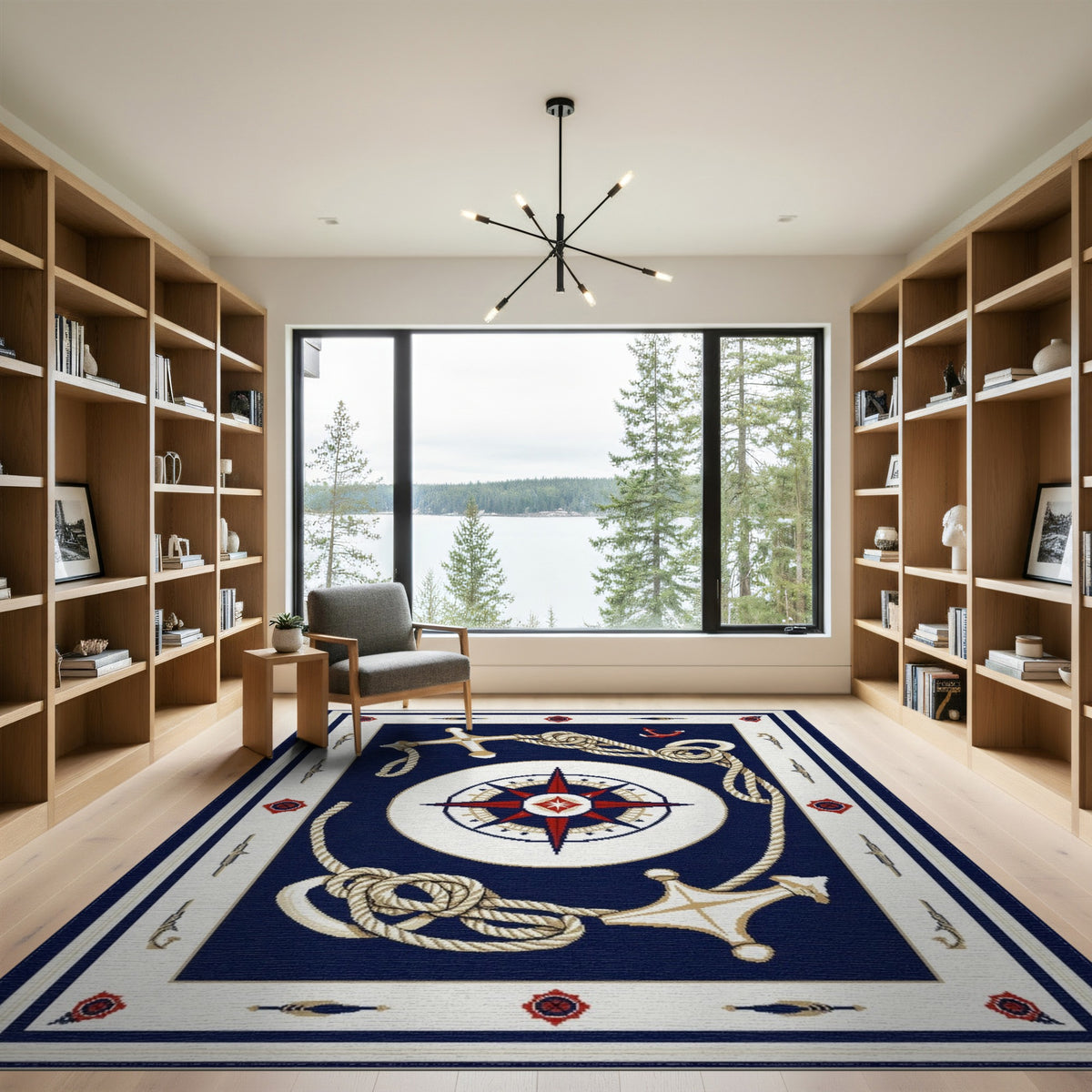 Nautical Compass Anchor Blue Area Rug