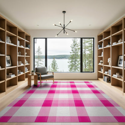 Pink Geometric Modern Pink Gingham Checkered Washable Area Rug