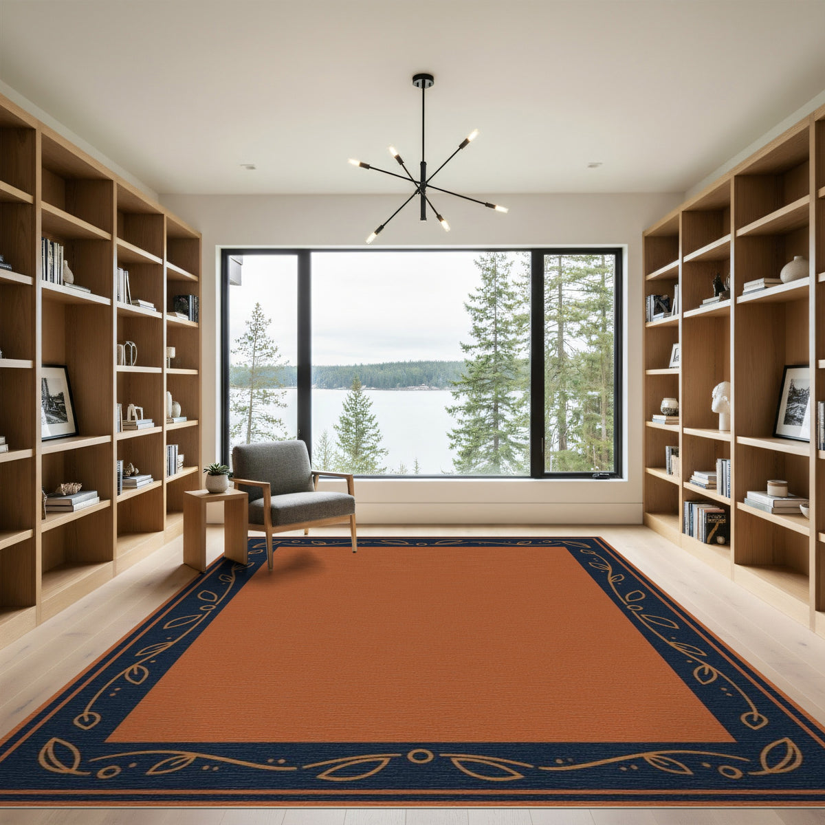 Orange Floral Leaf Border Area Rug