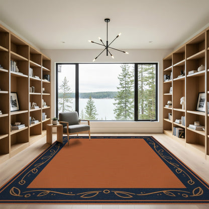 Orange Floral Leaf Border Area Rug