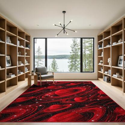 Red Cosmic Planets Washable Area Rug