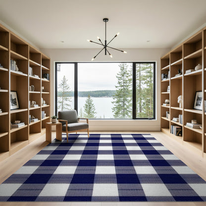 Washable Blue and Teal Navy Blue Checkered Washable Area Rug