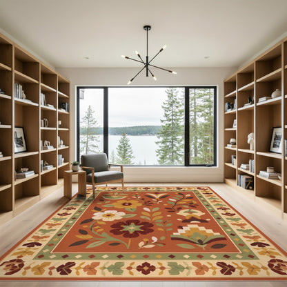 Orange Terracotta Floral Vintage Area Rug