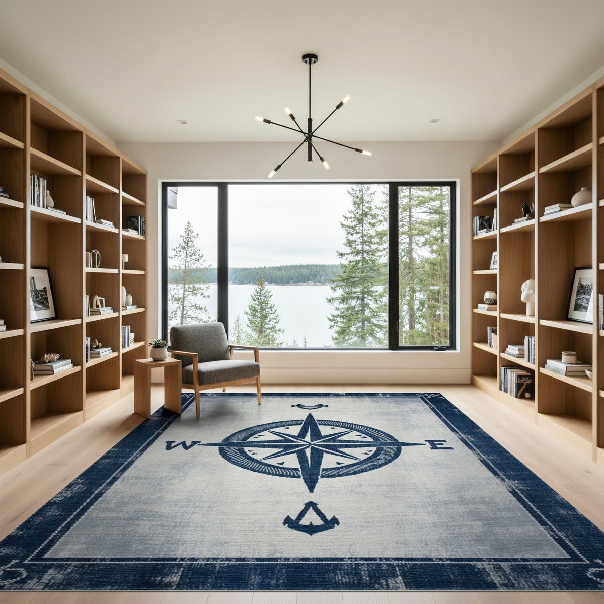 Blue Nautical Compass Washable Area Rug